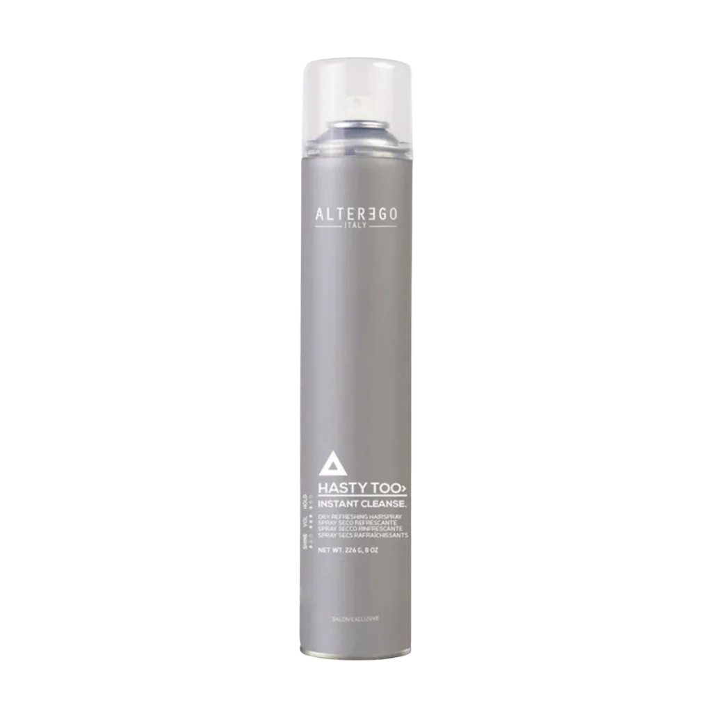 Alter Ego Hasty Too Instant Cleanse Spray at MANEPRINT – a refreshing dry shampoo spray that absorbs excess oil, revives hair, and adds light volume between washes.