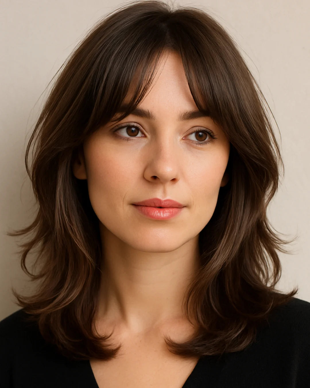 Brunette woman with mid-length French layers, soft face-framing waves, and natural movement.