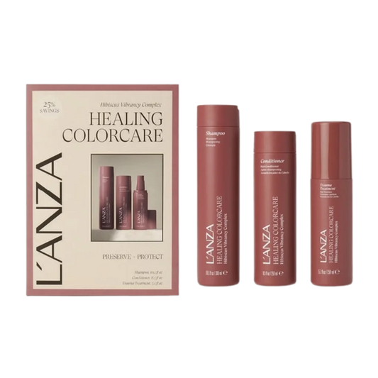 L'ANZA Healing ColorCare Holiday Trio at MANEPRINT – a festive set featuring shampoo, conditioner, and treatment to protect color, repair damage, and keep hair vibrant and healthy.