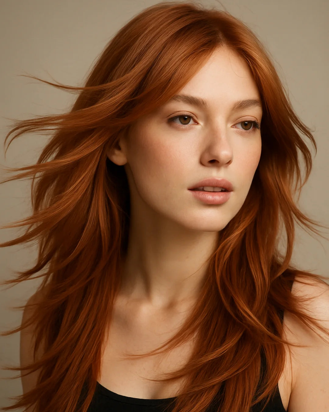 Model with long, copper-toned layered hair flowing naturally with subtle movement.