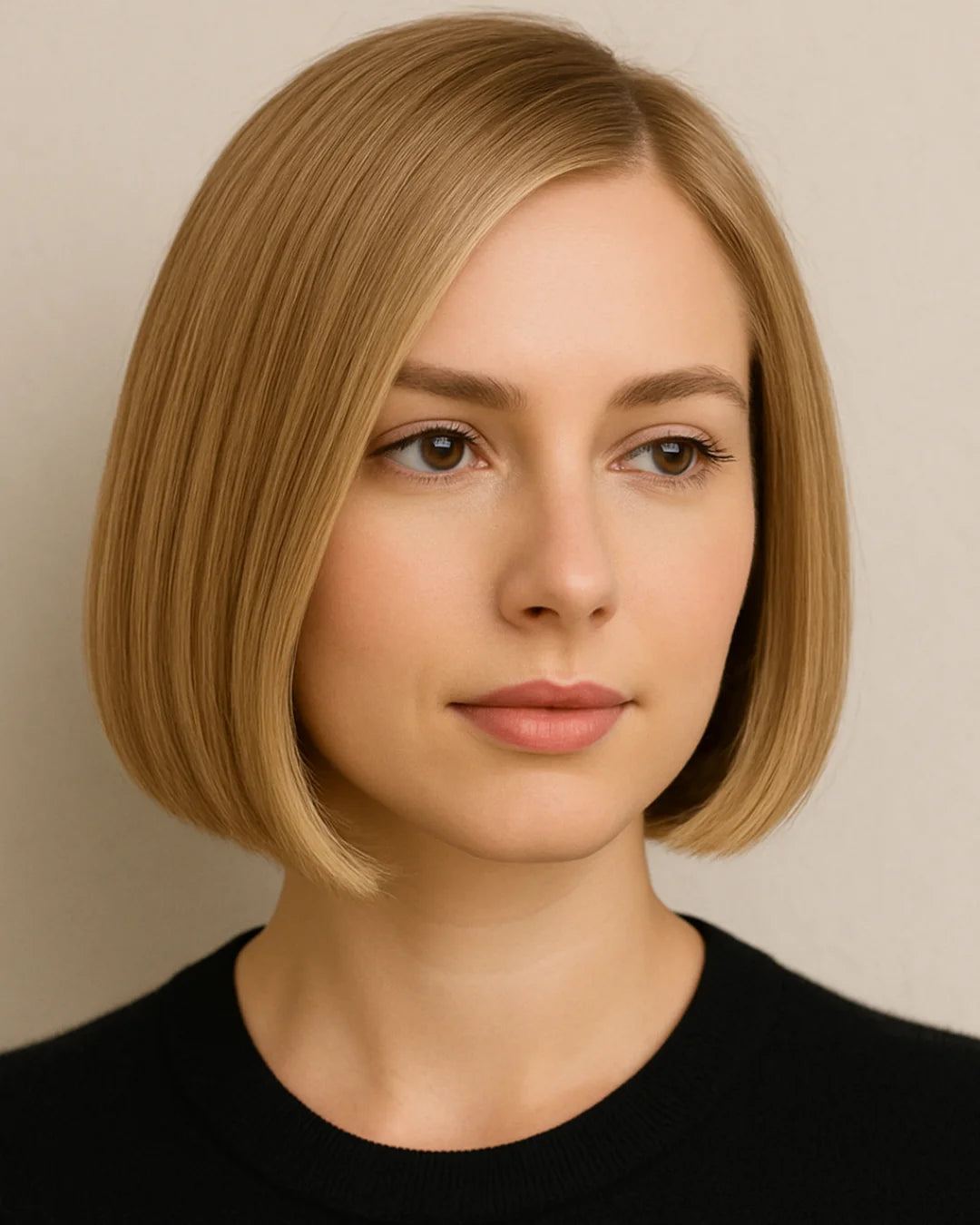 Woman with a sleek, chin-length tailored bob in suede blonde, styled with a polished finish.