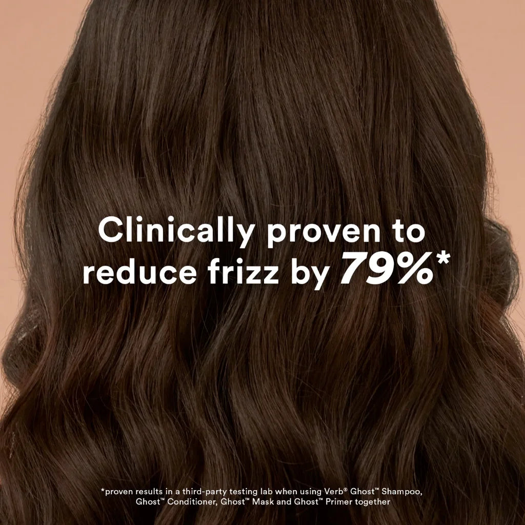 Text overlay on a close-up of wavy brown hair with a beige background, highlighting a hair care product's effectiveness.