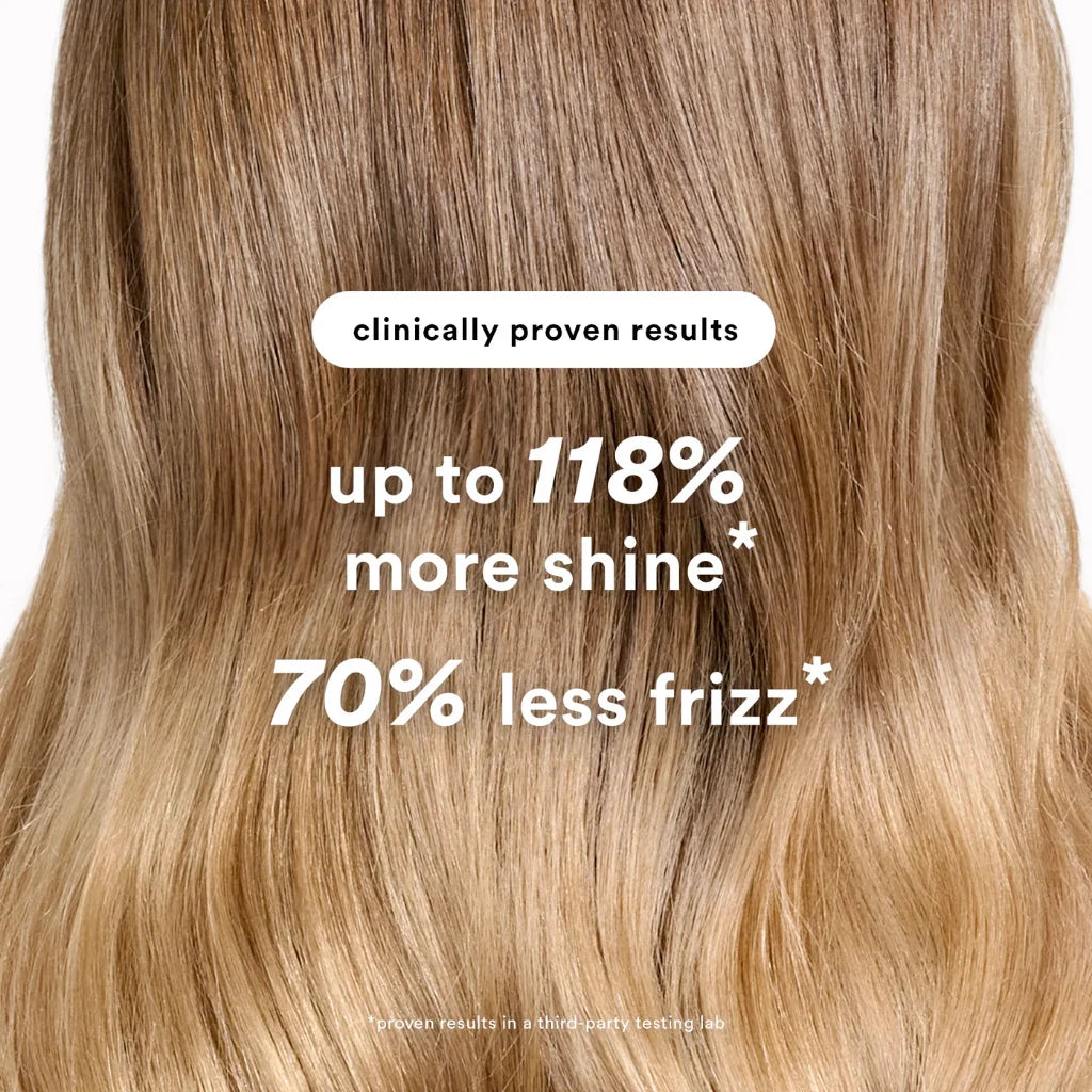 Blonde hair with text highlighting clinically proven results for shine and frizz reduction.