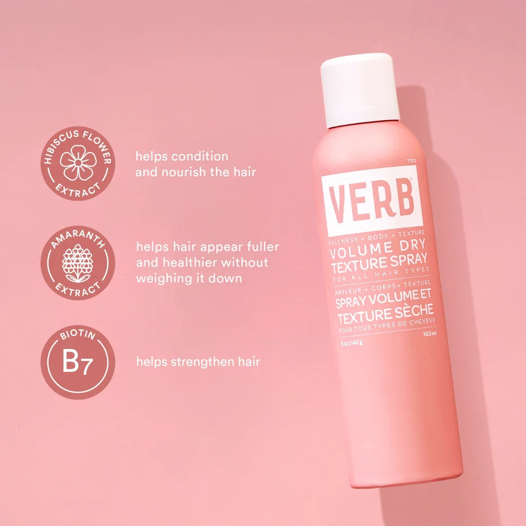 Pink bottle of VERB Volume Dry Texture Spray on a pink background with ingredient benefits.