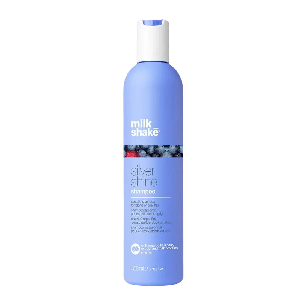 milk_shake Silver Shine Shampoo at MANEPRINT – a violet-pigmented shampoo that neutralizes yellow tones, enhances blonde and grey hair, and adds shine.