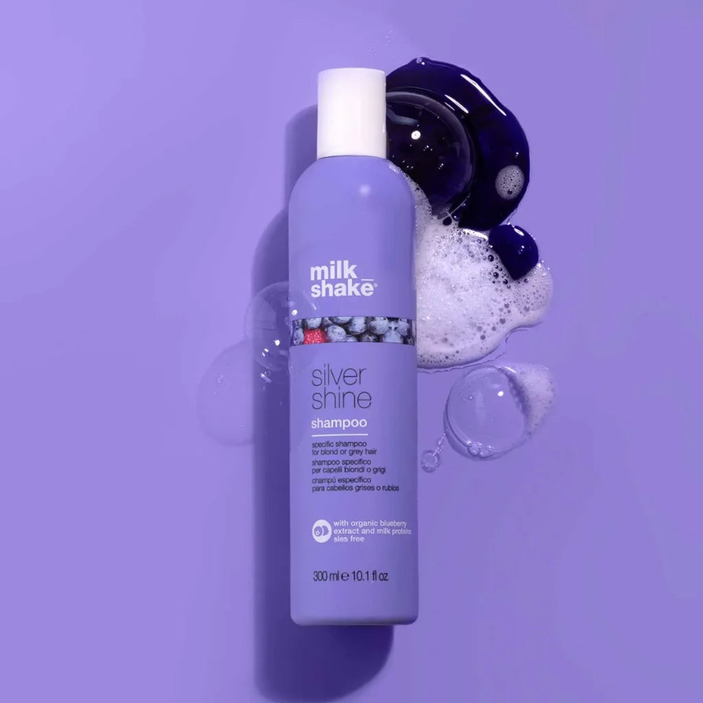 milk_shake Silver Shine Shampoo at MANEPRINT – a violet-pigmented shampoo that neutralizes yellow tones, enhances blonde and grey hair, and adds shine. (1)
