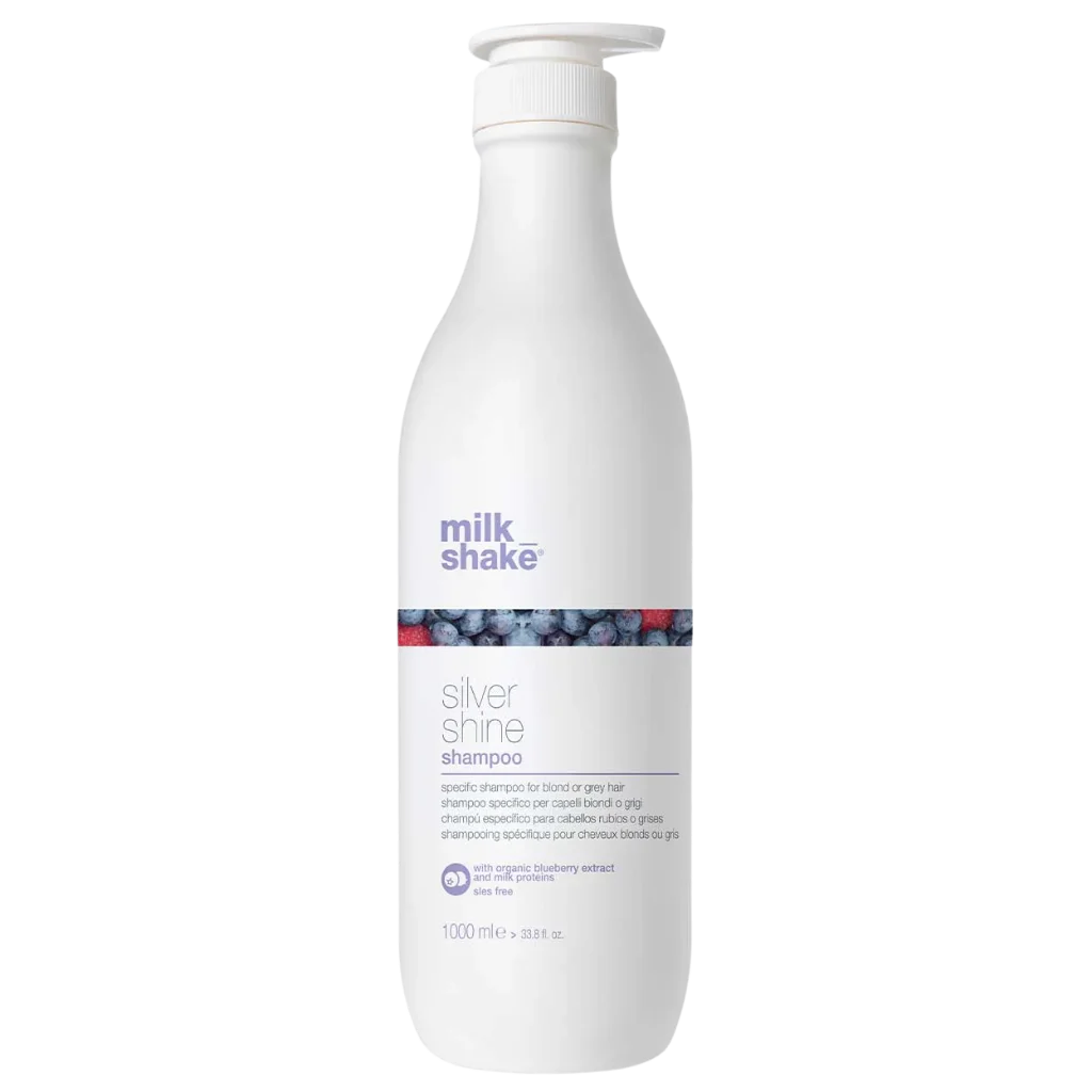 milk_shake Silver Shine Shampoo at MANEPRINT – a violet-pigmented shampoo that neutralizes yellow tones, enhances blonde and grey hair, and adds shine. (2