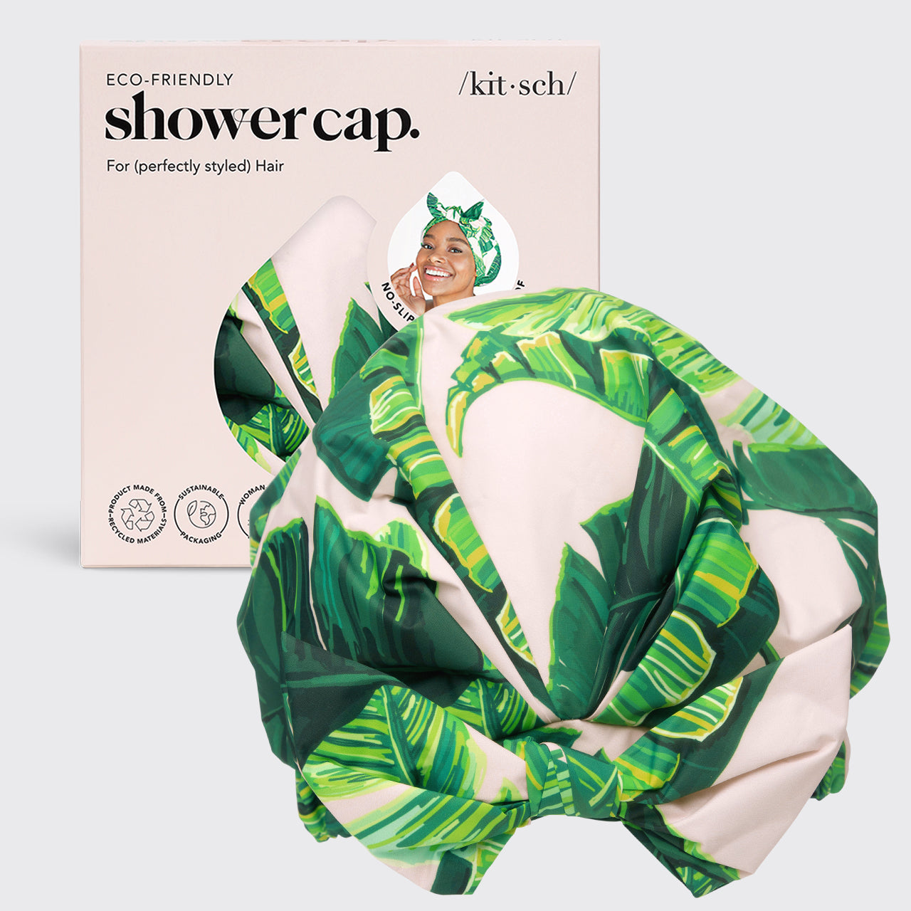 KITSCH Recycled Polyester Luxe Shower Cap - Palm Leaves