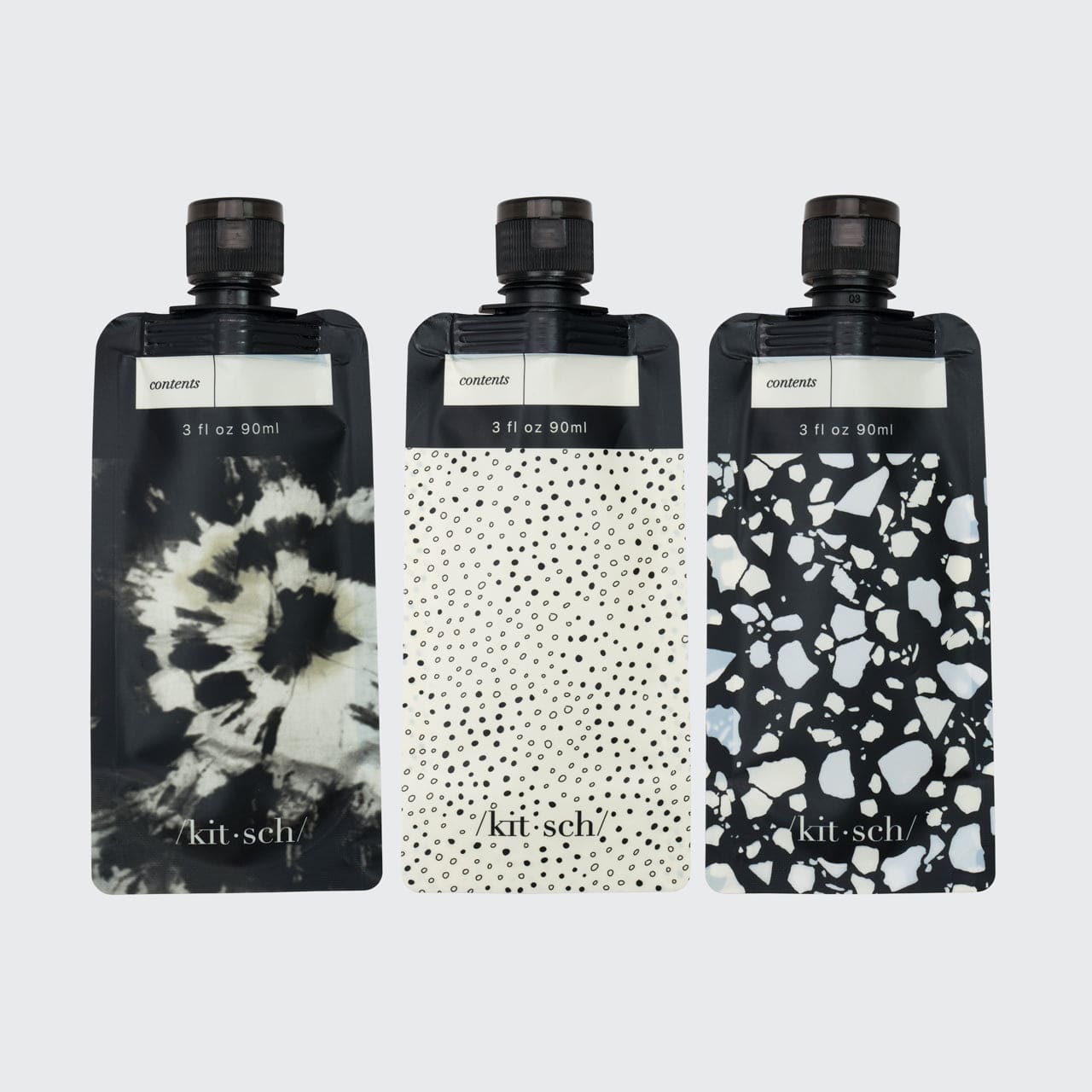 KITSCH Travel Bottles For Toiletries 3 Pack - Black & Ivory