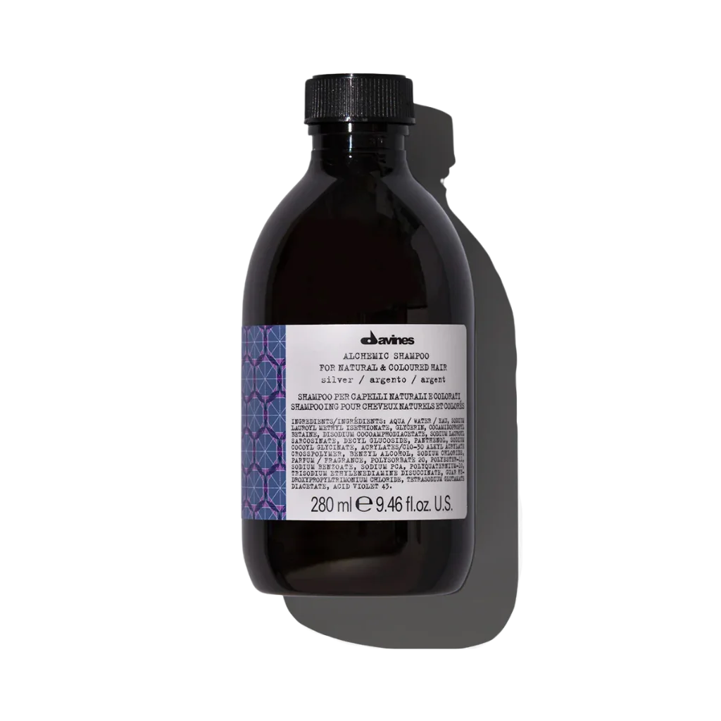 Davines ALCHEMIC Shampoo Silver - Shampoo for Silver-Toned Hair - Color-enhancing purple shampoo for platinum and cool blonde tones. Alchemic Shampoo Silver intensifies and illuminates these natural or colored blonde shades.