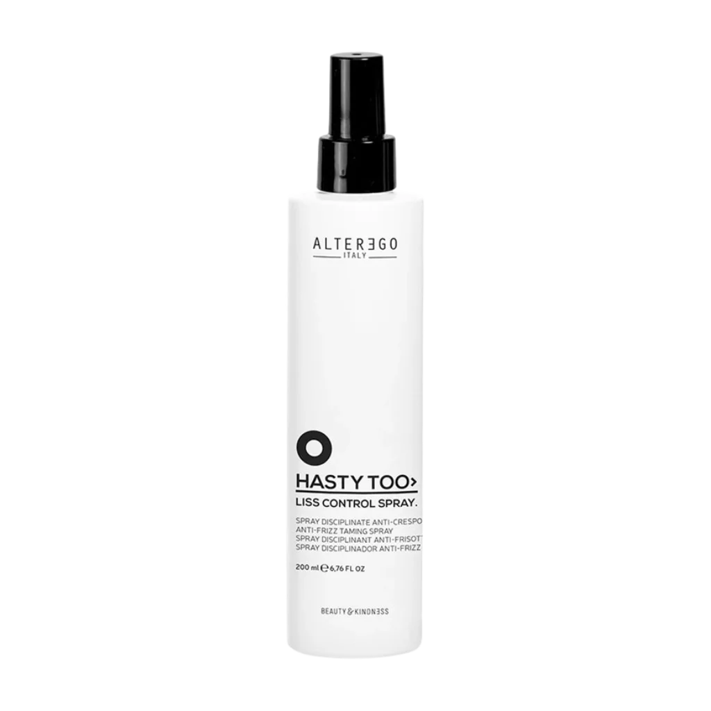 Alter Ego Too Hasty Liss Control Spray at MANEPRINT – an anti-frizz spray that smooths hair, tames flyaways, and protects against heat for sleek, polished styles.