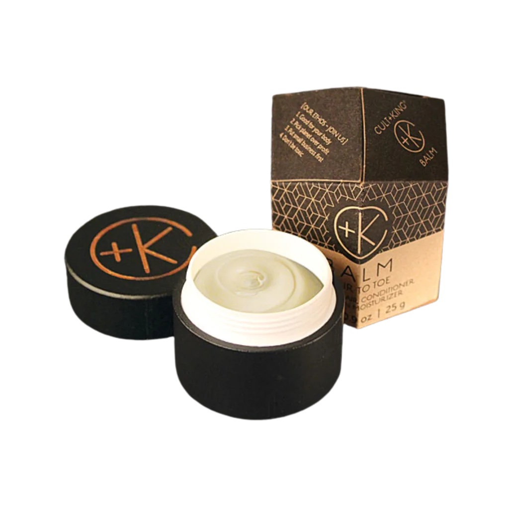 Black container with white lid and brown packaging on a white background