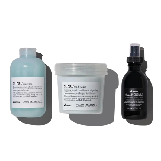 Davines Curl Vibrant Set - Color Protecting and Illuminating Set - For vibrant, bright colorThe MINU + OI Set extends the life of your color while adding nourishment and shine.