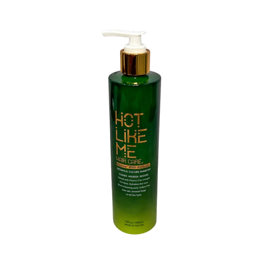 Hot Like Me Botanical Culture Shampoo gently cleanses with botanical ingredients to restore softness, shine, and scalp balance for healthy hair.