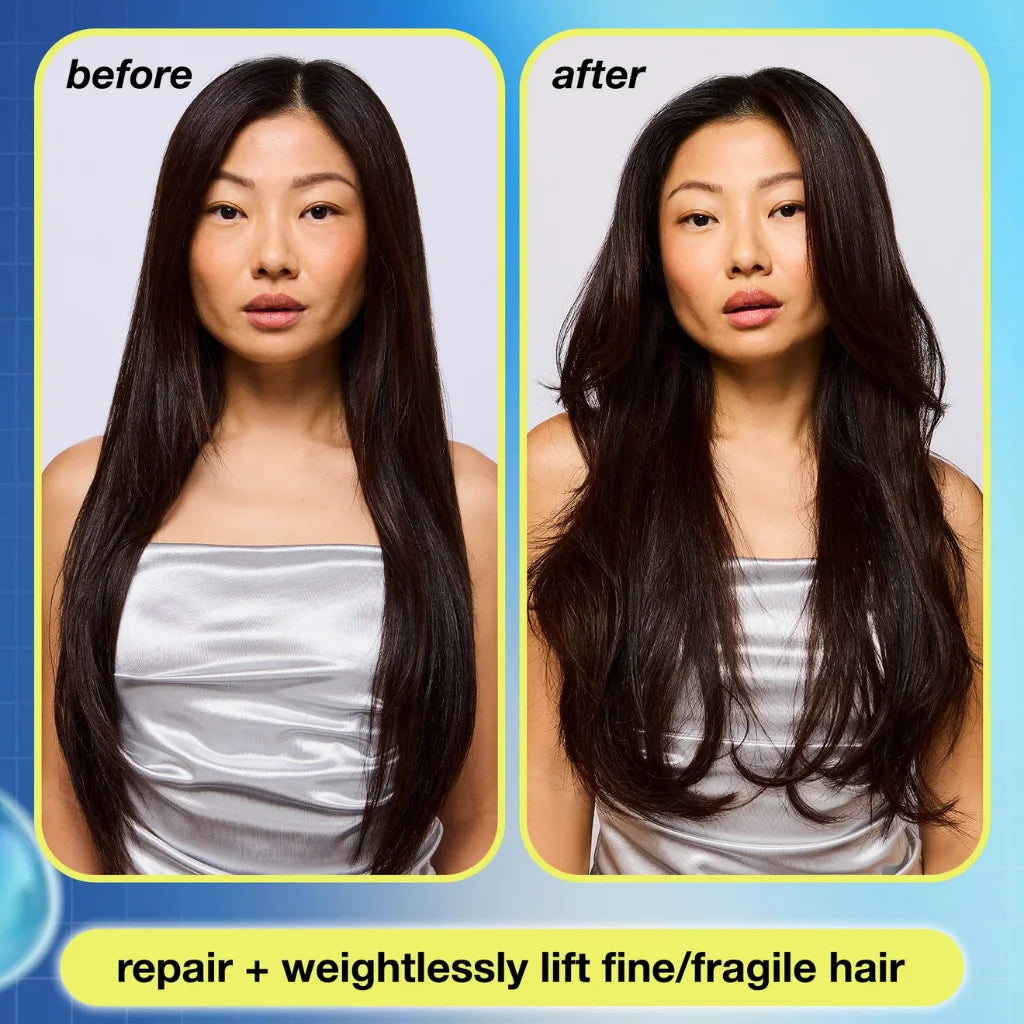 Before-and-after comparison of a woman with long, dark, fine hair, showing the result of a hair repair treatment. The left panel is labeled 'before' with straight, dry-looking hair, and the right panel is labeled 'after' with softer, more defined, and shinier hair. MANEPRINT