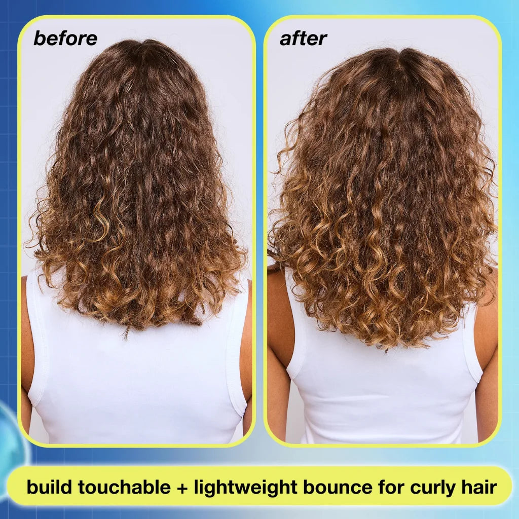 Before and after comparison of curly hair, showing a person from the back with voluminous, defined brown-to-blonde curls. The left side is labeled 'before' and the right side 'after', with text at the bottom reading 'build touchable + lightweight bounce for curly hair'. MANEPRINT