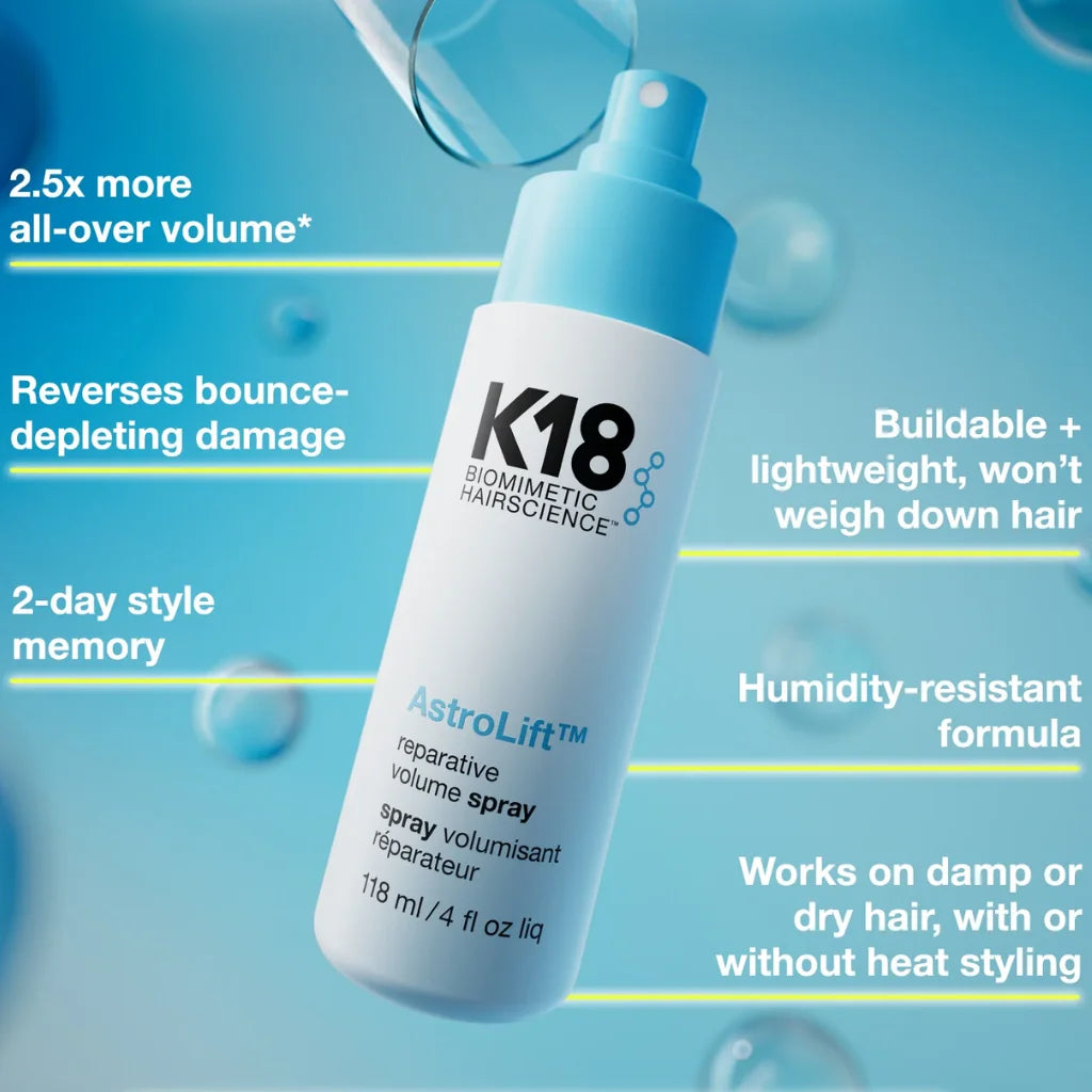 A bottle of K18 Biomorphic Hairscience AstroLift reparative volume spray is shown against a light blue background with floating bubbles and text callouts describing product benefits. MANEPRINT