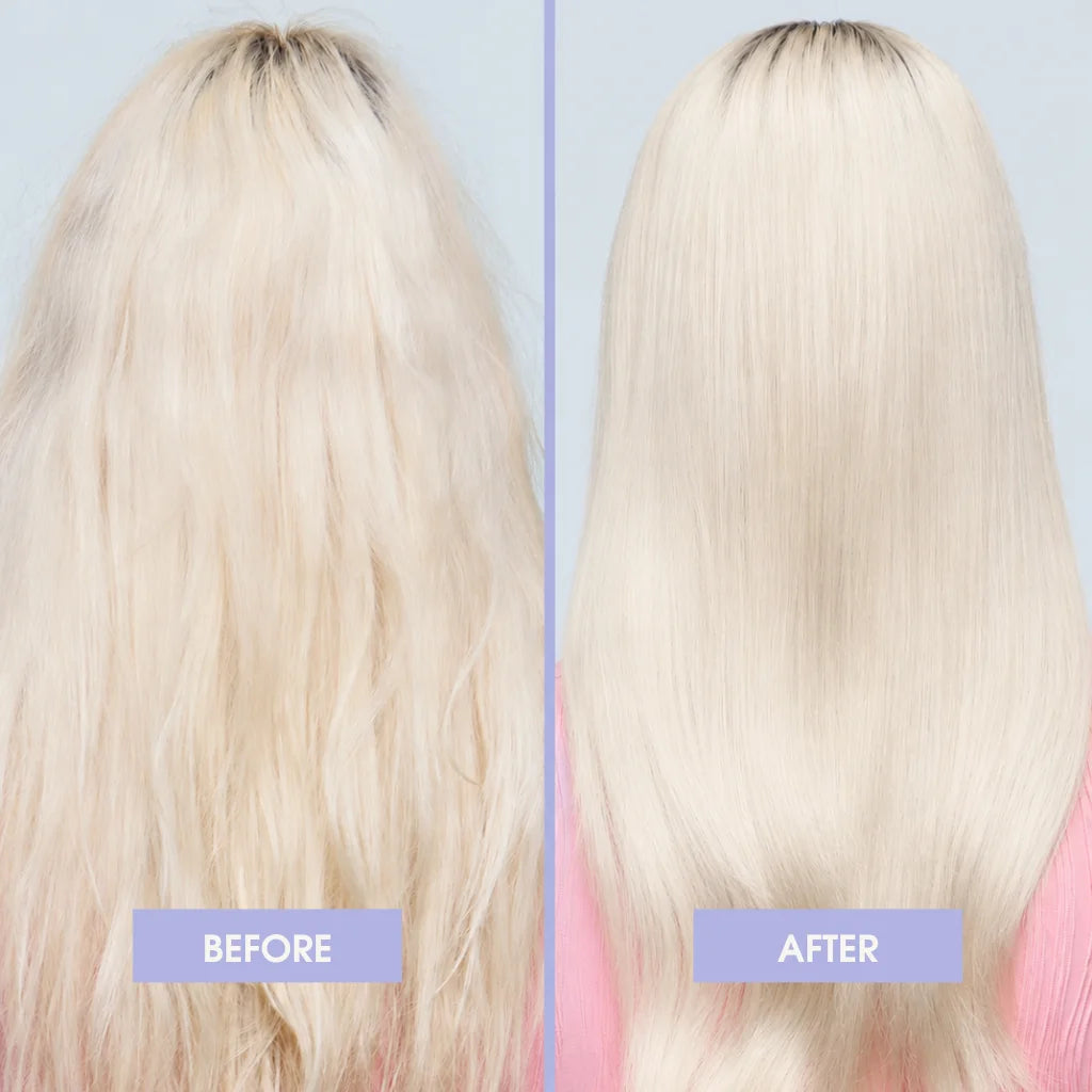 Before-and-after comparison of long platinum blonde hair, showing frizzy, wavy hair on the left labeled BEFORE, and smooth, straight hair on the right labeled AFTER, against a pale blue background. MANEPRINT