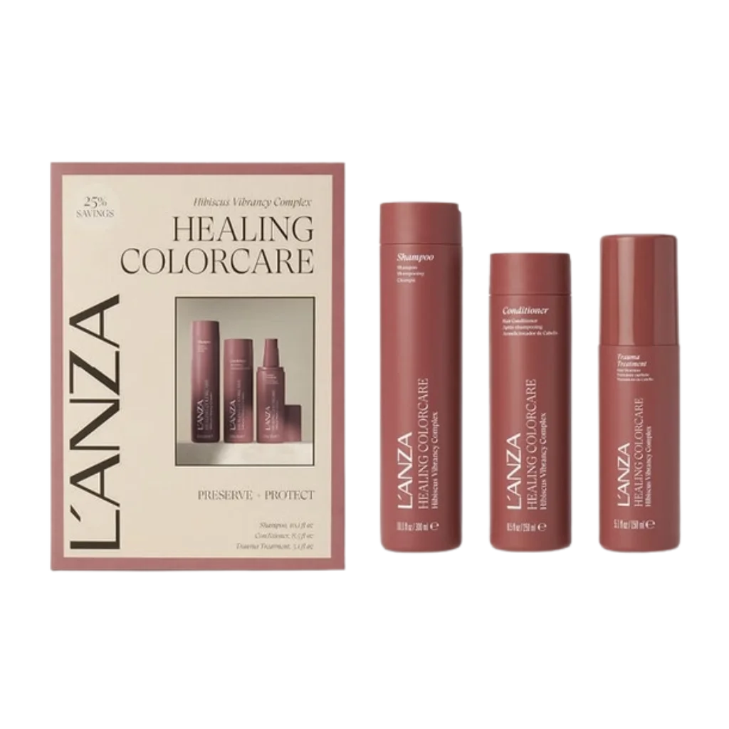 L'ANZA Healing ColorCare Holiday Trio at MANEPRINT – a festive set featuring shampoo, conditioner, and treatment to protect color, repair damage, and keep hair vibrant and healthy.