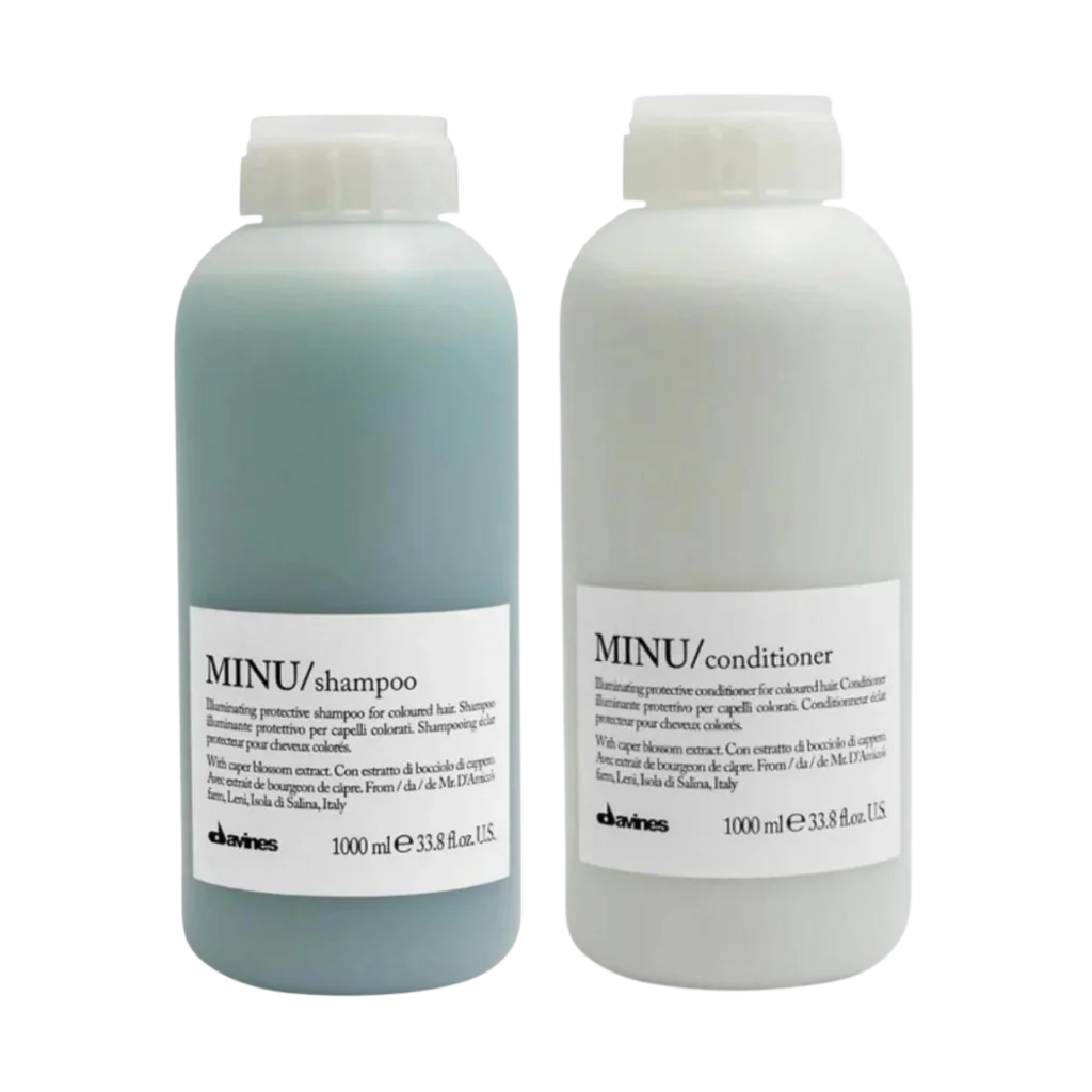 Elevate your color-treated hair with Davines Minu Shampoo & Conditioner Set. This dynamic duo enhances vibrancy, extends color life, and leaves your locks luminous. Treat your hair to the brilliance it deserves and shine on with Davines Minu. (3)