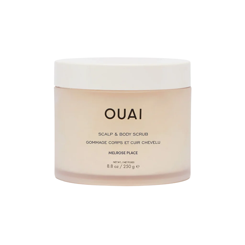 OUAI Scalp and Body Scrub Melrose Place at MANEPRINT – an exfoliating scrub with a floral, rose-inspired scent that smooths skin and cleanses the scalp.