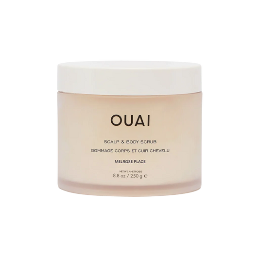 OUAI Scalp and Body Scrub Melrose Place at MANEPRINT – an exfoliating scrub with a floral, rose-inspired scent that smooths skin and cleanses the scalp.