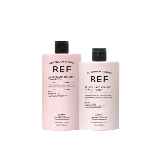 REF Illuminate Colour Shampoo & Conditioner Set at MANEPRINT – a protective duo that enhances vibrancy, preserves colour, and adds shine to colour-treated hair.