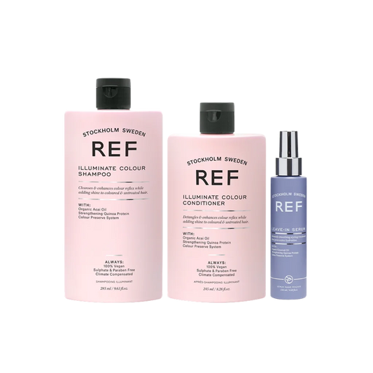 The REF Illuminate Color Trio protects and enhances color-treated hair with quinoa protein, botanical extracts, and Leave In Serum for long-lasting shine and softness.