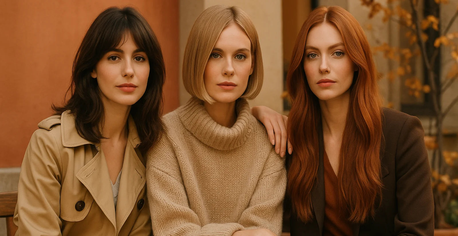 Three women with Fall 2025 hair trends—French layers, tailored bob, and long copper hair—styled in chic fall fashion in an urban outdoor setting.