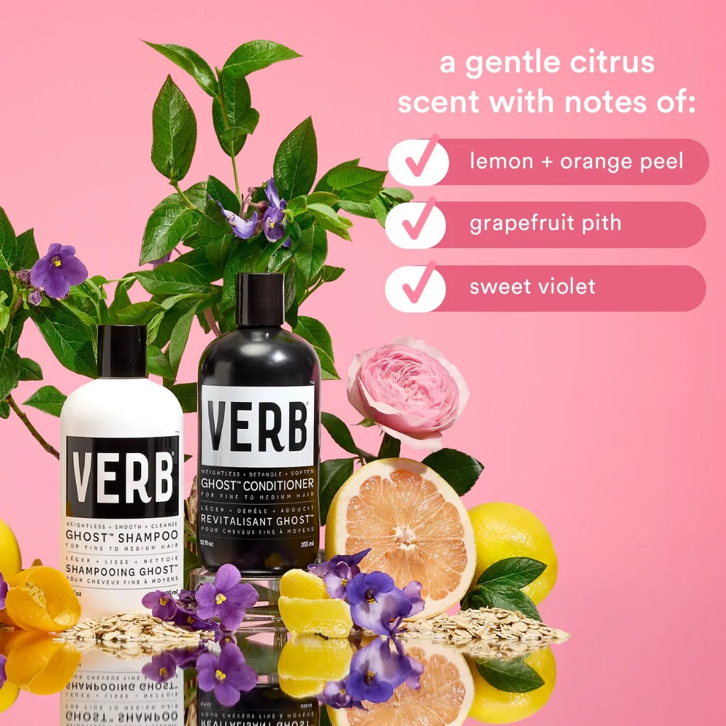 Verb shampoo bottles with lemon, orange, and rose elements on a pink background
