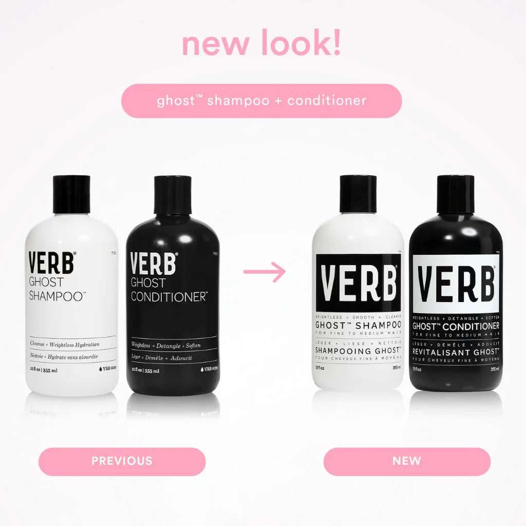 Verb Ghost Shampoo and Conditioner bottles with 'new look' text on a white background