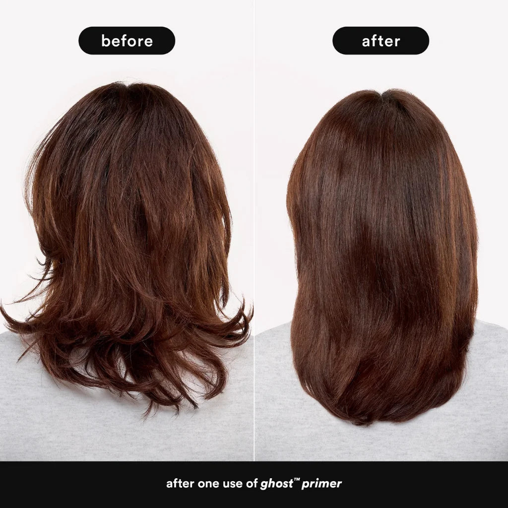 Before and after comparison of hair using ghost primer on a white background