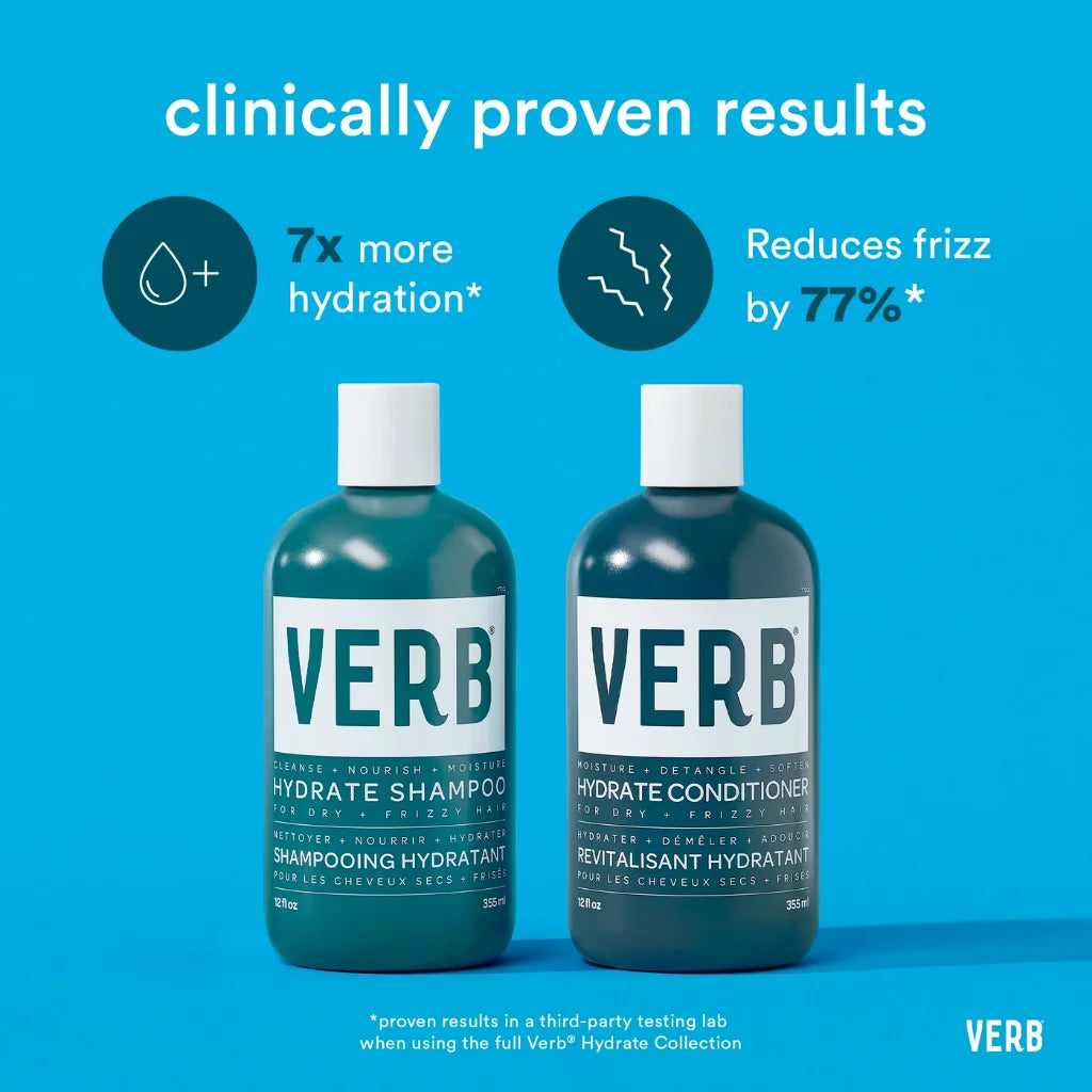 VERB Hydrate Shampoo and Conditioner bottles with clinical benefits on a blue background