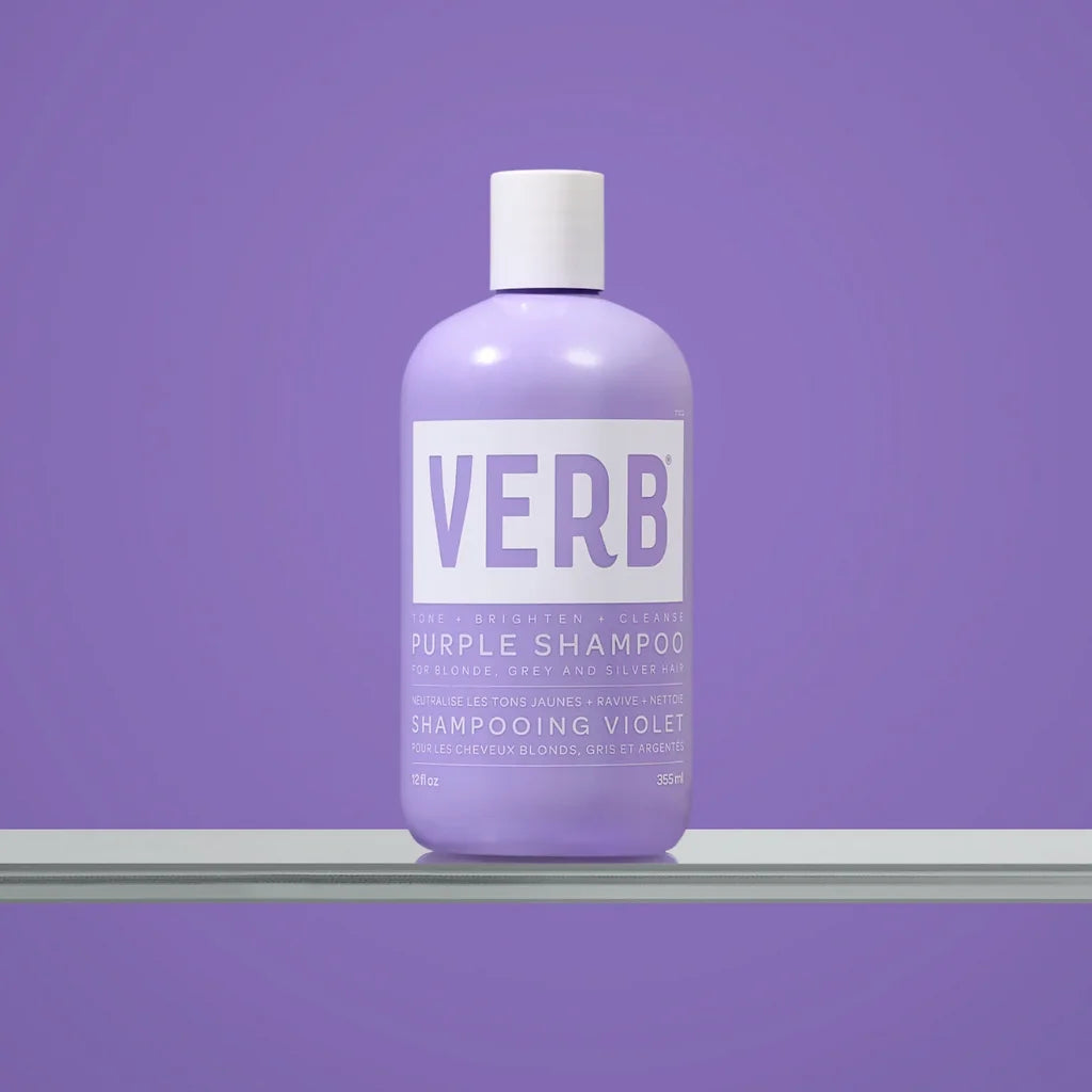 Purple shampoo bottle with 'VERB' branding on a purple background