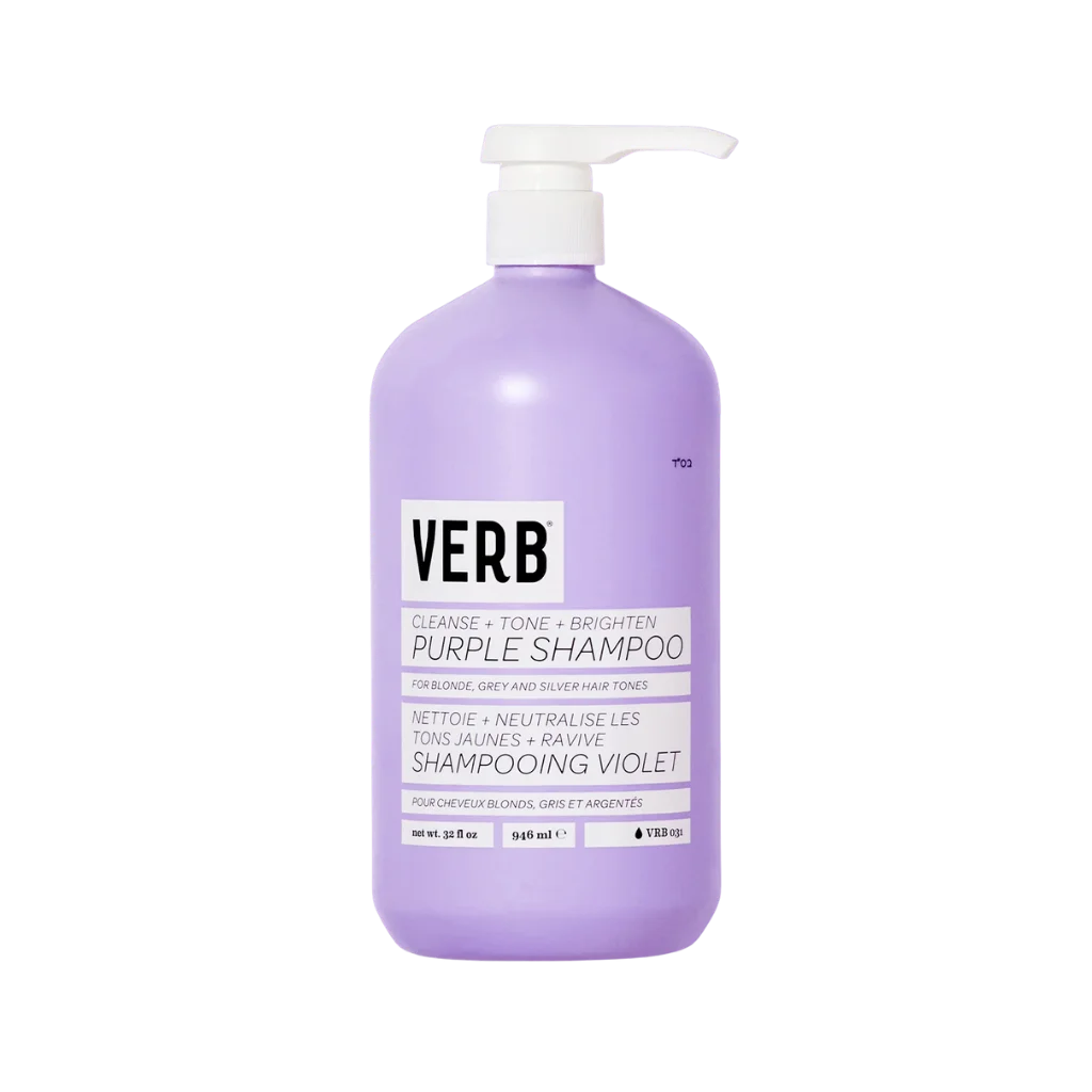 Purple shampoo bottle with pump labeled 'VERB' on a white background
