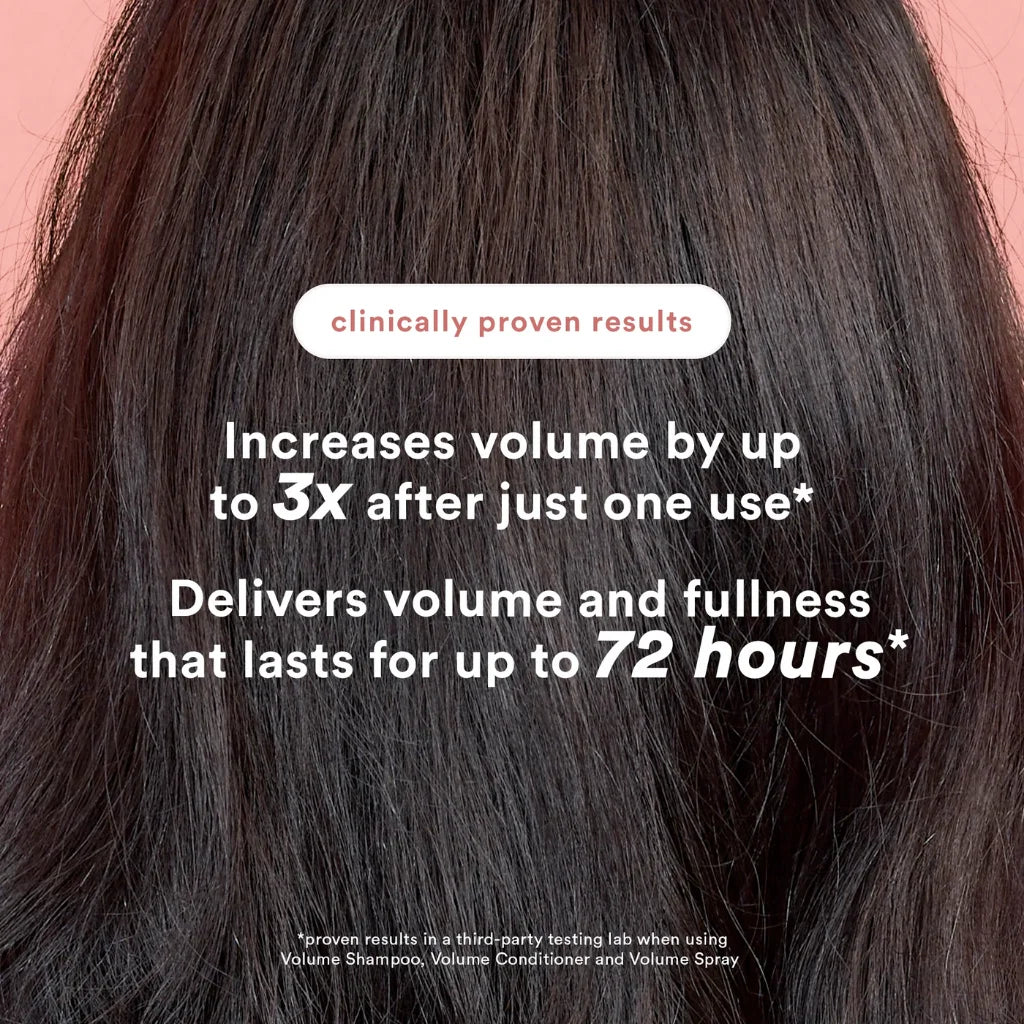 Text overlay on a close-up of dark hair with volume increase claims.