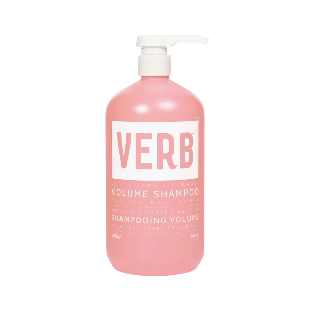 Pink shampoo bottle with 'VERB' label on a white background