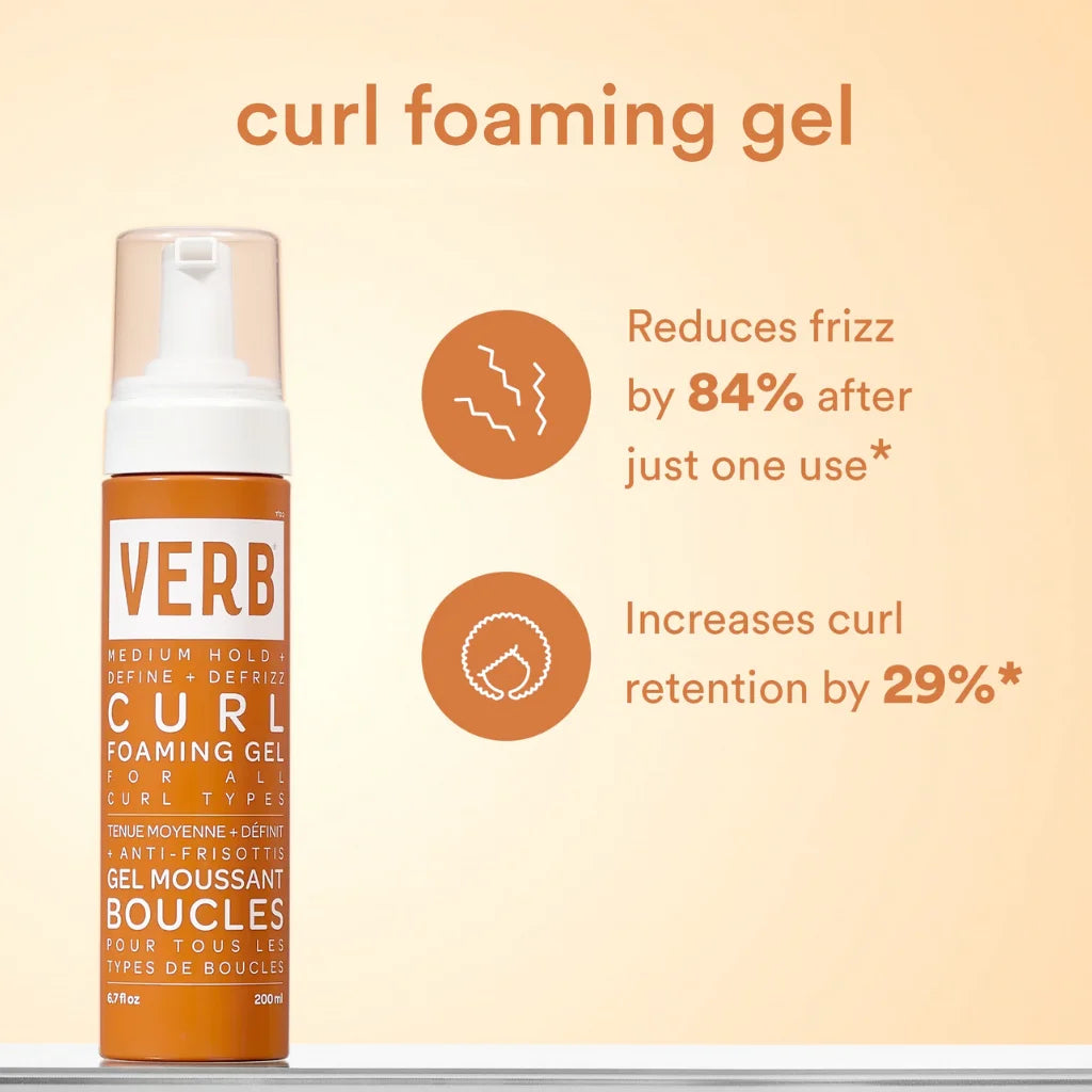 Verb curl foaming gel bottle with text on a beige background