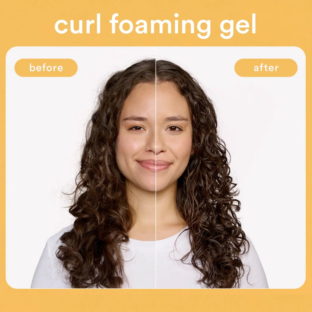 Before and after comparison of a woman's hair with curl foaming gel on a yellow background.