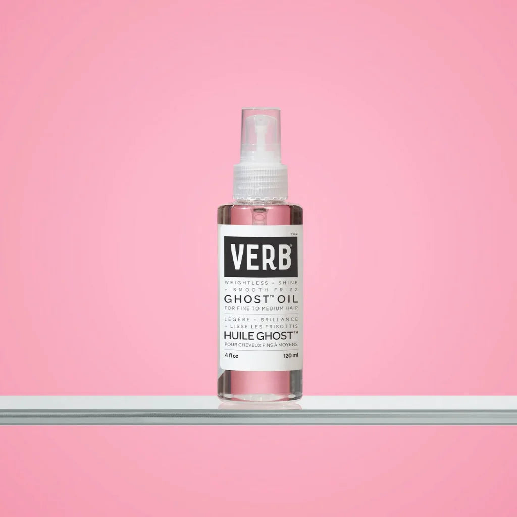 Verb Ghost Oil bottle on a pink background
