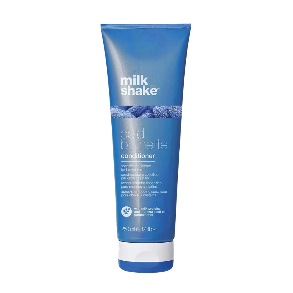 milk_shake Cold Brunette Conditioner at MANEPRINT – a blue-pigmented conditioner that nourishes hair, reduces warm orange tones, and enhances cool brunette shades.