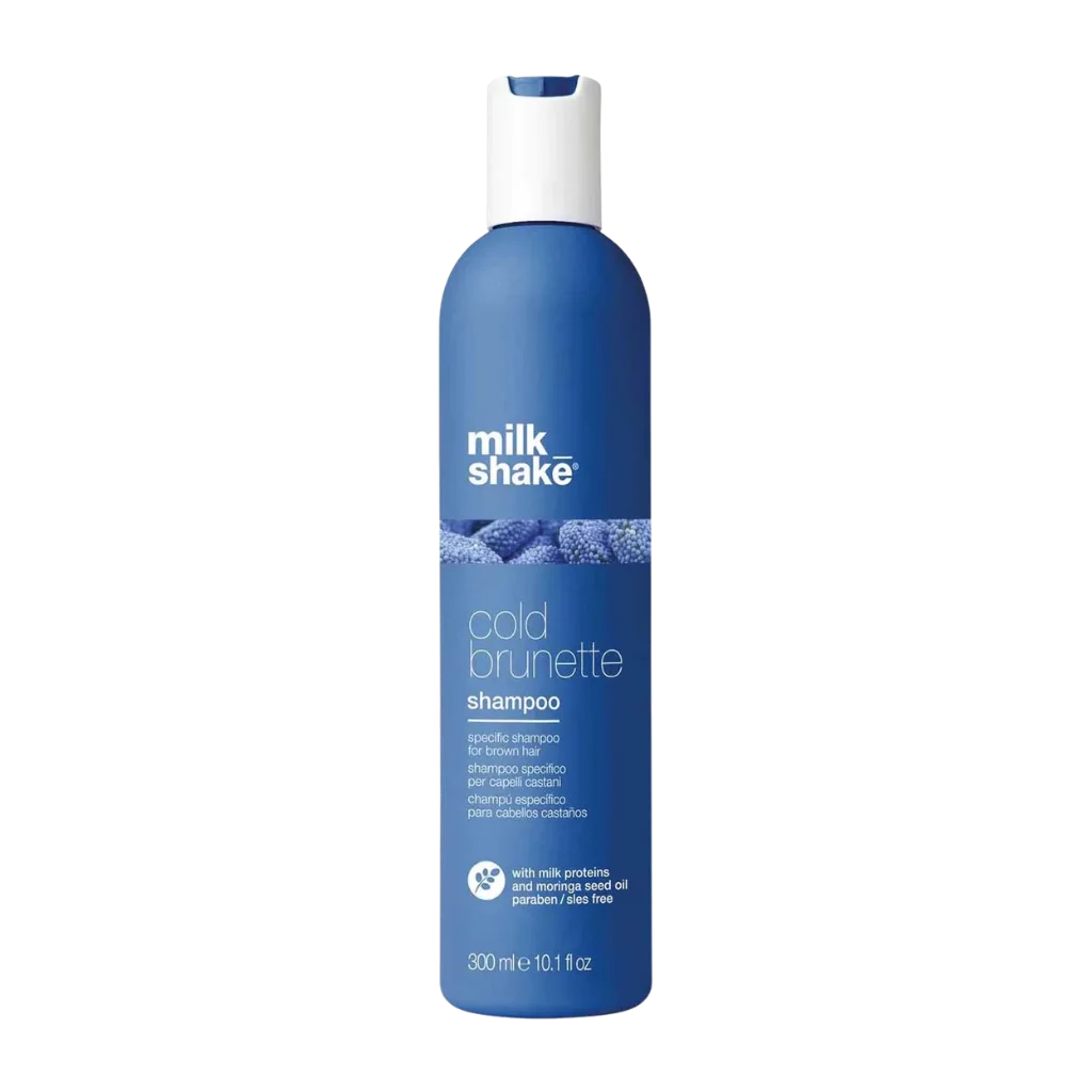 milk_shake Cold Brunette Shampoo at MANEPRINT – a blue-pigmented shampoo that neutralizes warm, orange tones while enhancing and refreshing brunette shades.