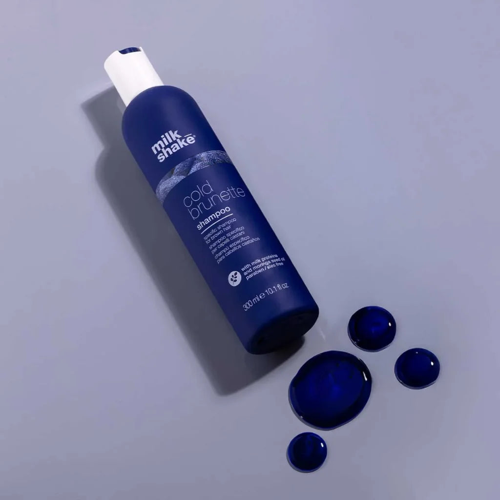 milk_shake Cold Brunette Shampoo at MANEPRINT – a blue-pigmented shampoo that neutralizes warm, orange tones while enhancing and refreshing brunette shades. (1)