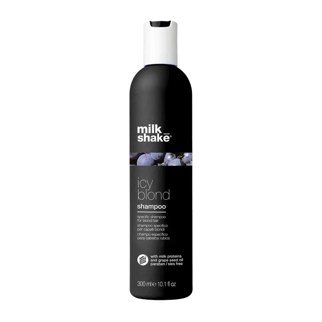 milk_shake Icy Blonde Shampoo at MANEPRINT – a purple toning shampoo that neutralizes yellow tones and brightens cool, icy blonde hair.