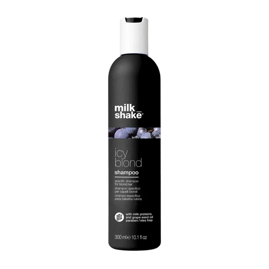 milk_shake Icy Blonde Shampoo at MANEPRINT – a purple toning shampoo that neutralizes yellow tones and brightens cool, icy blonde hair.