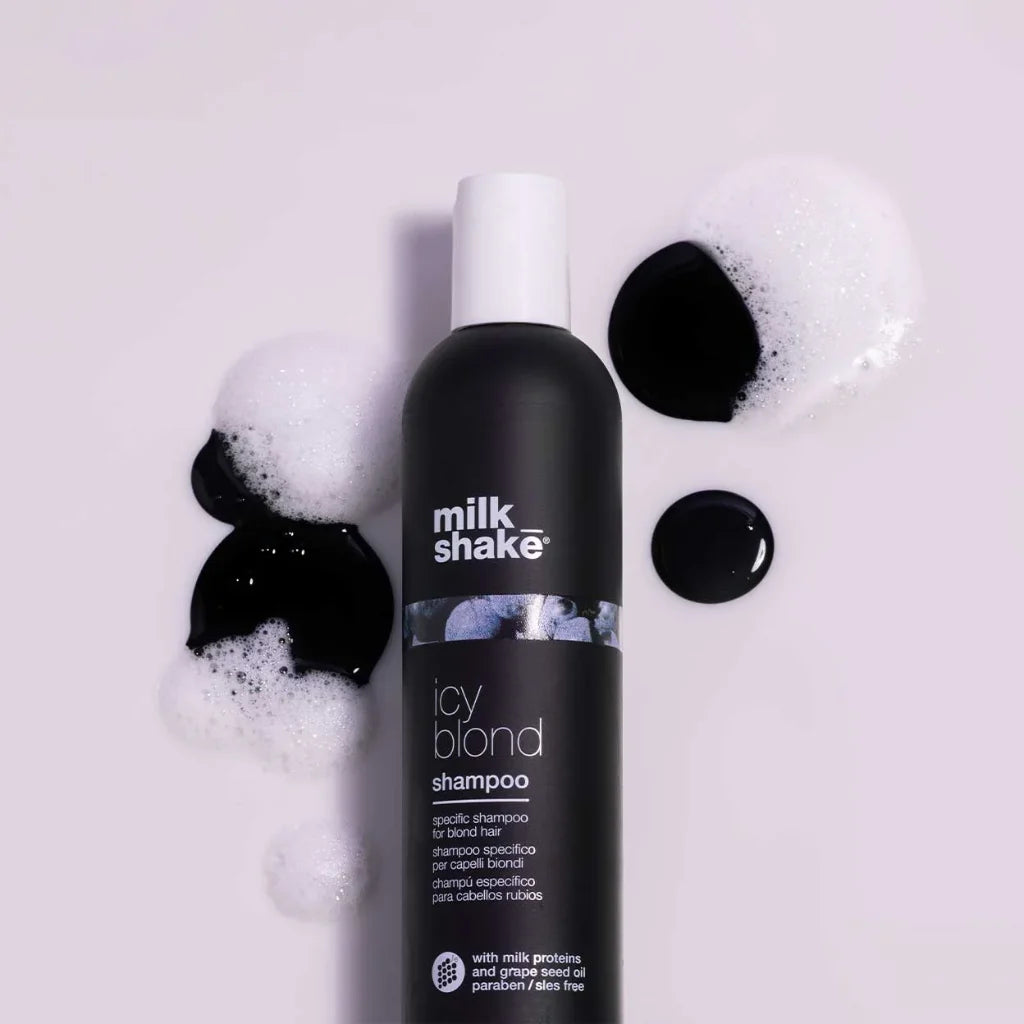 milk_shake Icy Blonde Shampoo at MANEPRINT – a purple toning shampoo that neutralizes yellow tones and brightens cool, icy blonde hair. (1)
