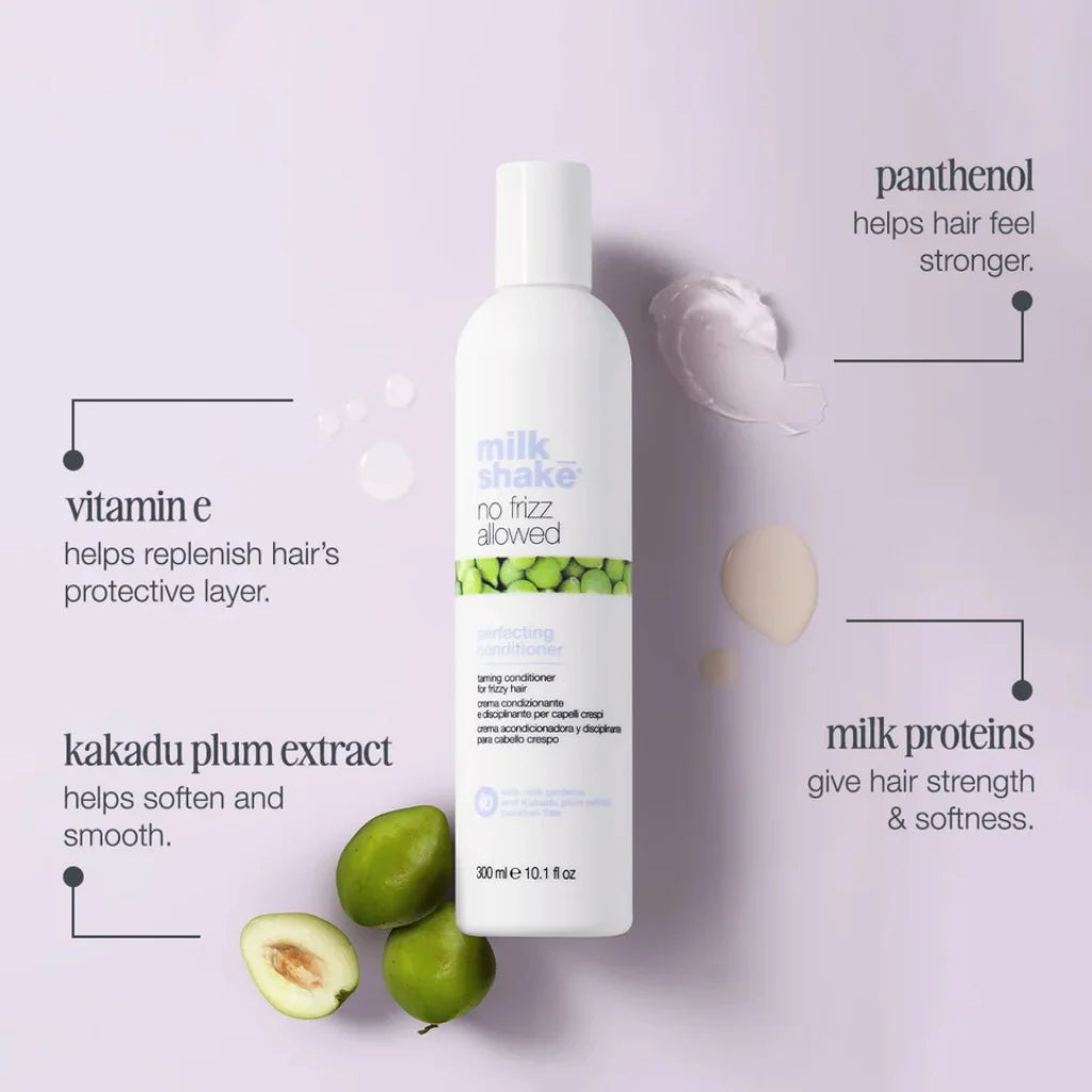 Milk Shake No Frizz Allowed conditioner bottle with ingredients listed on a light purple background