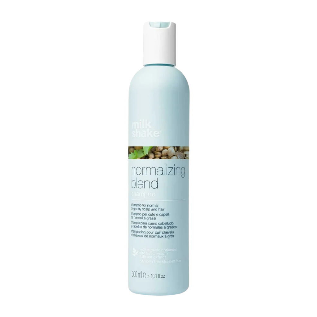 milk_shake Normalizing Blend Shampoo at MANEPRINT – a balancing shampoo that gently removes excess oil, purifies the scalp, and leaves hair fresh and clean.
