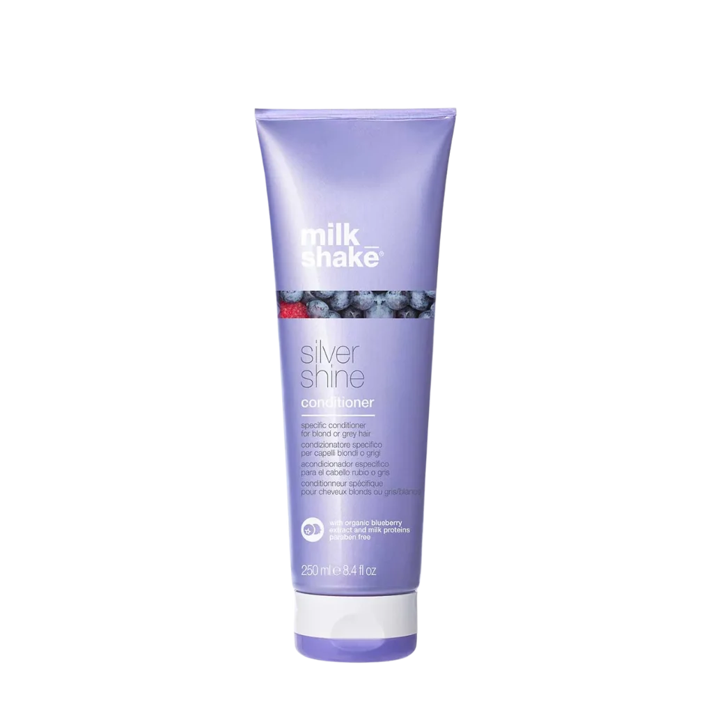 milk_shake Silver Shine Conditioner at MANEPRINT – a violet conditioner that softens hair, neutralizes yellow tones, and enhances the vibrancy of blonde and grey shades.