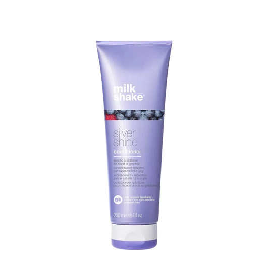 milk_shake Silver Shine Conditioner at MANEPRINT – a violet conditioner that softens hair, neutralizes yellow tones, and enhances the vibrancy of blonde and grey shades.